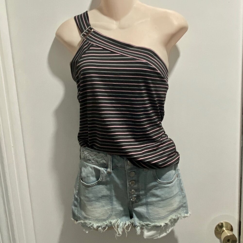 Vintage Asymmetrical 1 Shoulder Stretch Knit Beach Y2K 90s Striped Top Blouse L